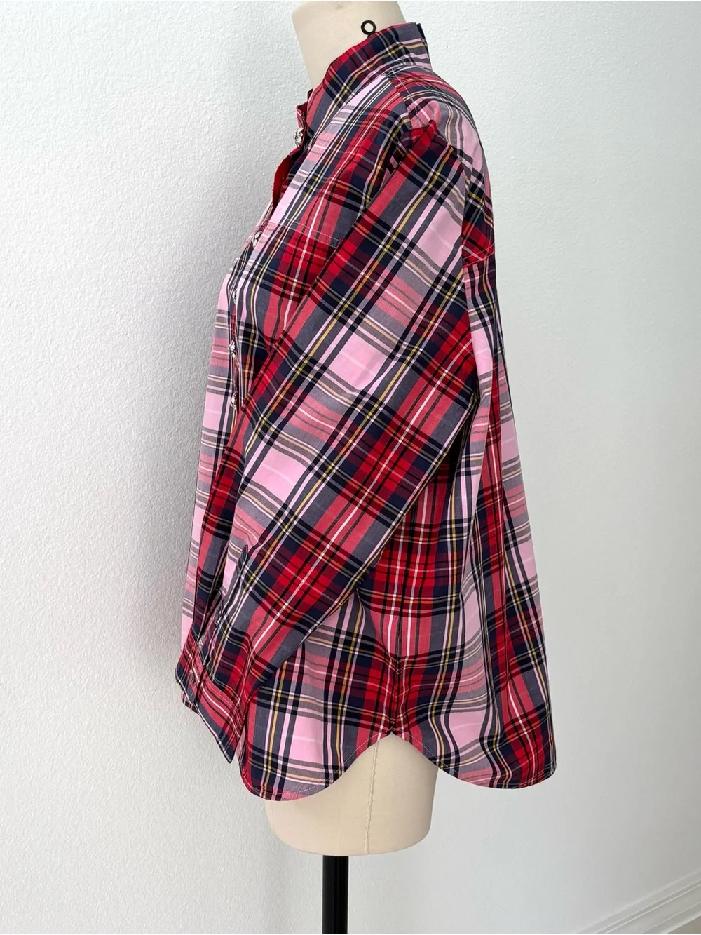 J.Crew Pink Stewart Tartan Band-Collar Popover Blouse NWT Jeweled Buttons 16